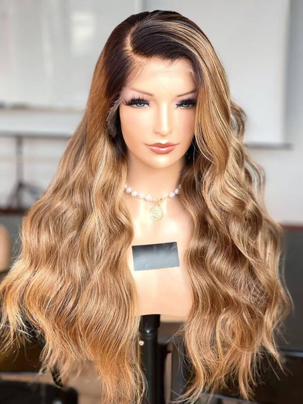 22 inch Brown Balayage Lace Front Wigs with Black Root