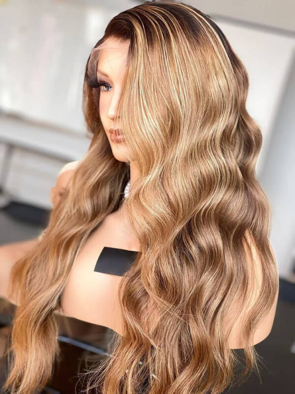 22 inch Brown Balayage Lace Front Wigs with Black Root - Image 3