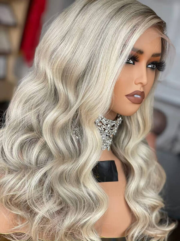24 inch Body Wave White Blonde Lace Front Wigs with Dark Root - Image 3