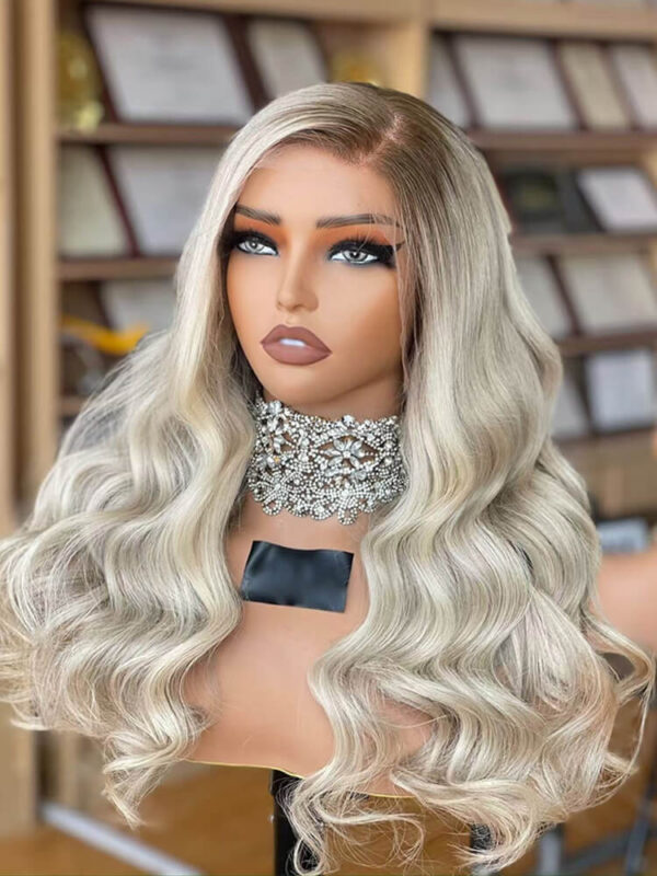 24 inch Body Wave White Blonde Lace Front Wigs with Dark Root