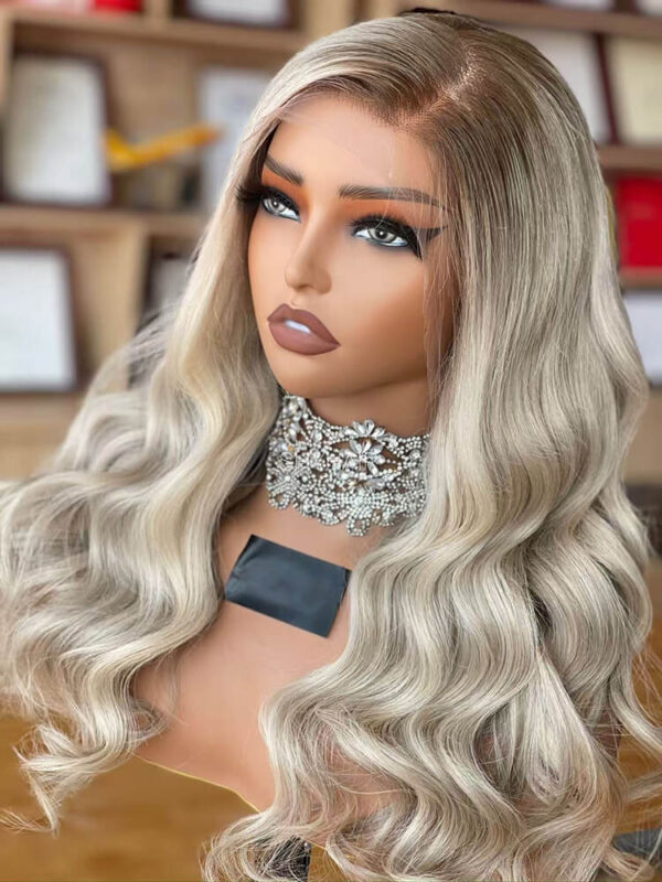 24 inch Body Wave White Blonde Lace Front Wigs with Dark Root - Image 4