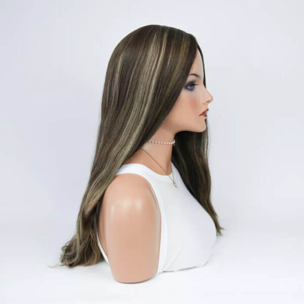 22 inch Brown Silk Top Wig with Blonde Highlight FD103 - Image 3