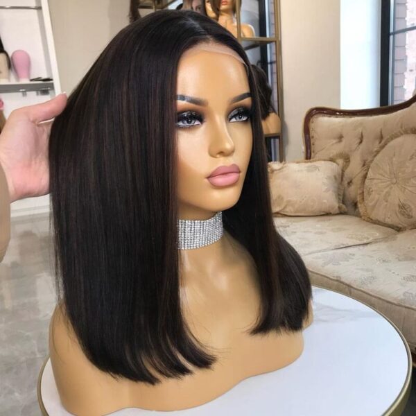 18 inch Remy Hair Black Lace Top Wigs with Brown Highlight FD027 - Image 2