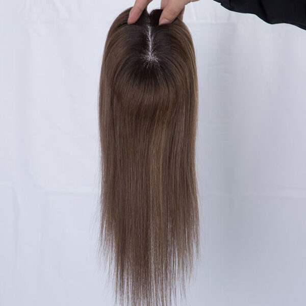 Brown Mono Hair Topper with Dark Brown hair root and Highlight MT008