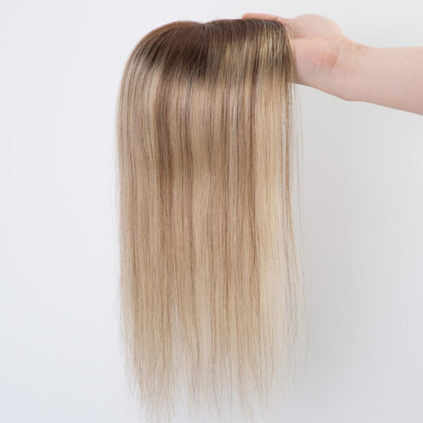 Beige Blonde Mono Hair Topper with Chocolate Brown Root MT013