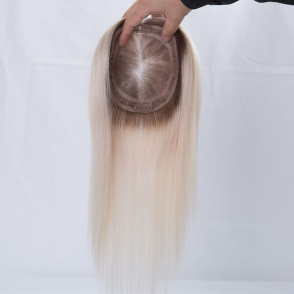 White Blonde Mono Hair Topper with Brown Root MT009