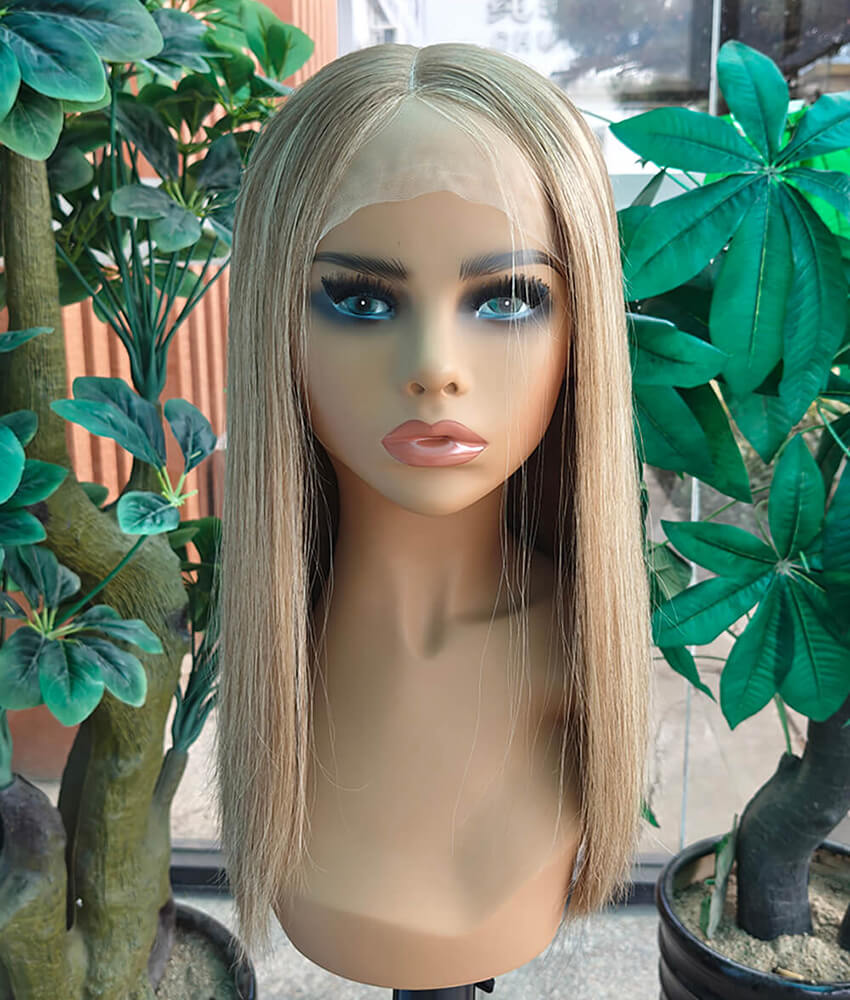 16 inch Ash Brown Lace Top Wigs with Blonde Highlight FD013