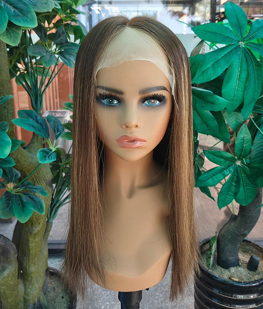 18 inch Dark Brown Lace Top Wigs with Ash Brown Highlight FD003