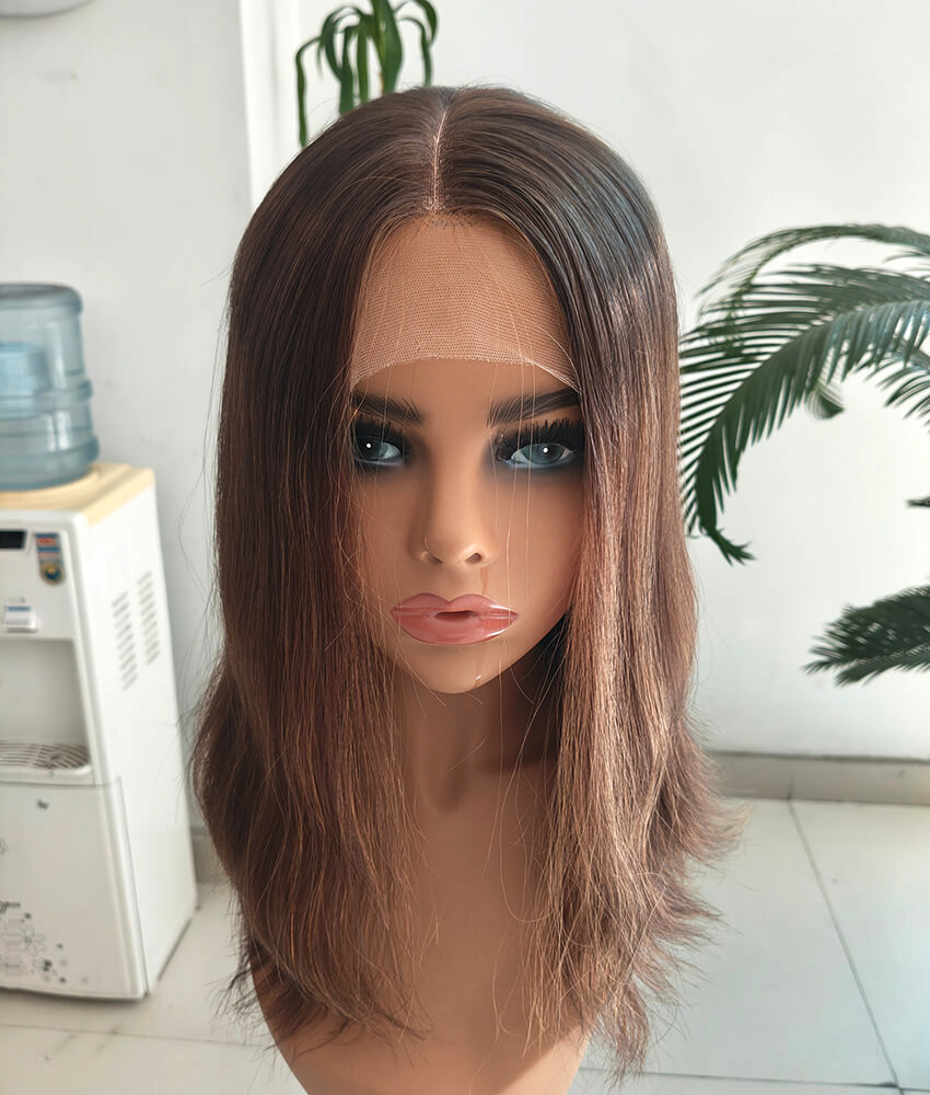 Dark brown lace top wigs with light brown highlight