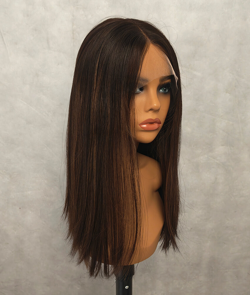 natural black wig with ash brown highlight
