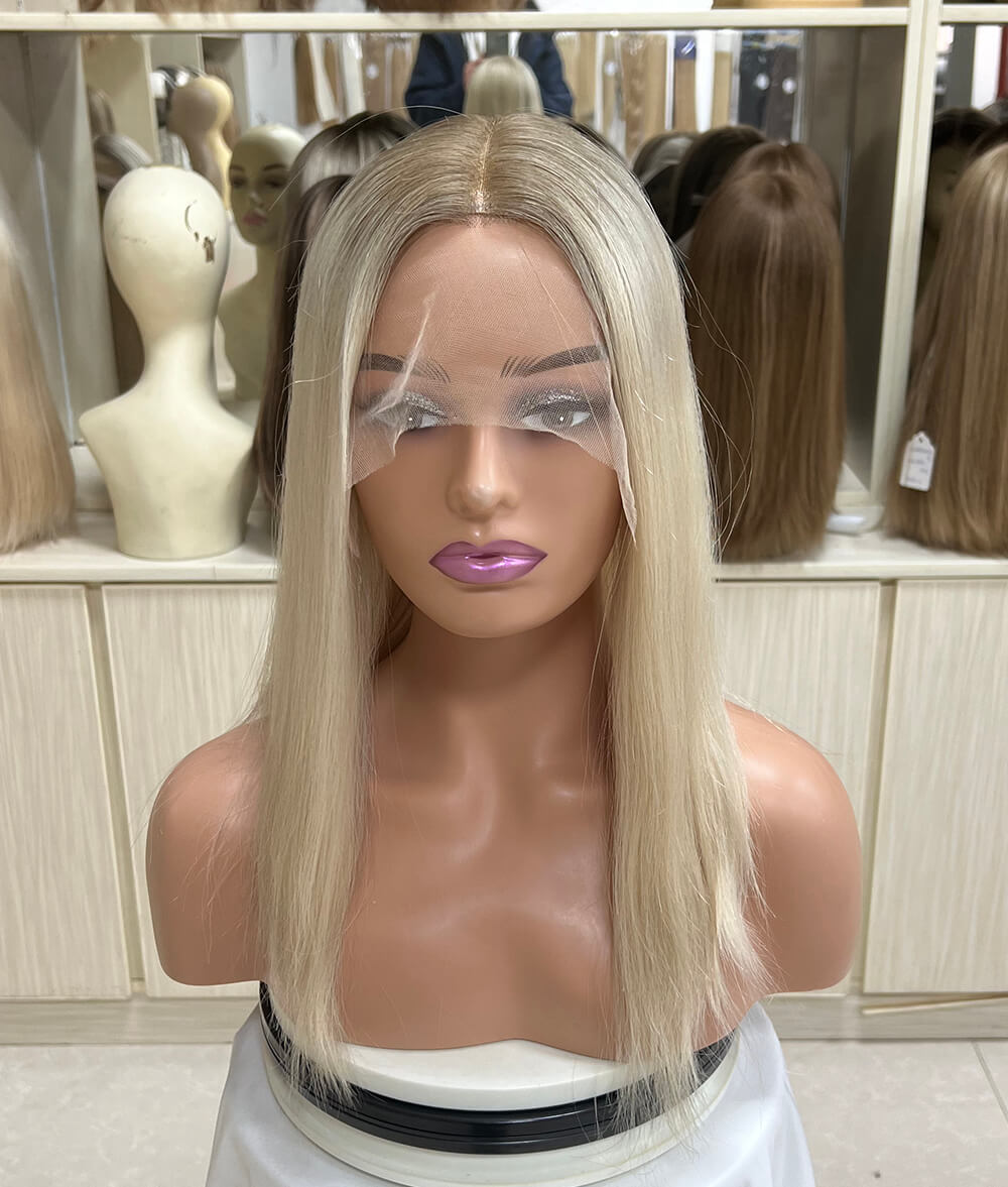 14 inch White Blonde with Grey Highlight Lace Top Wigs D006