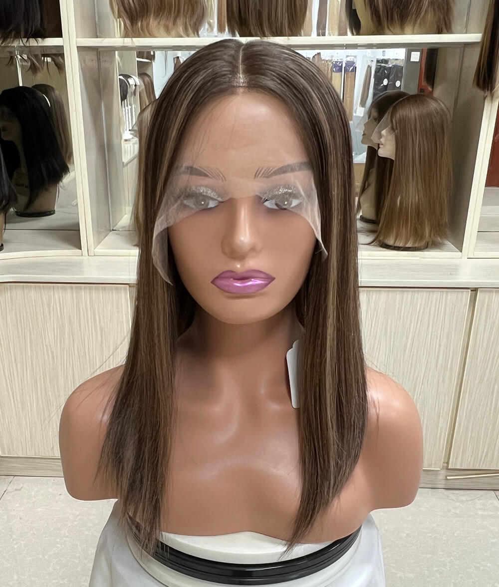 16 inch dark brown with two highlight straight jewish wigs D002