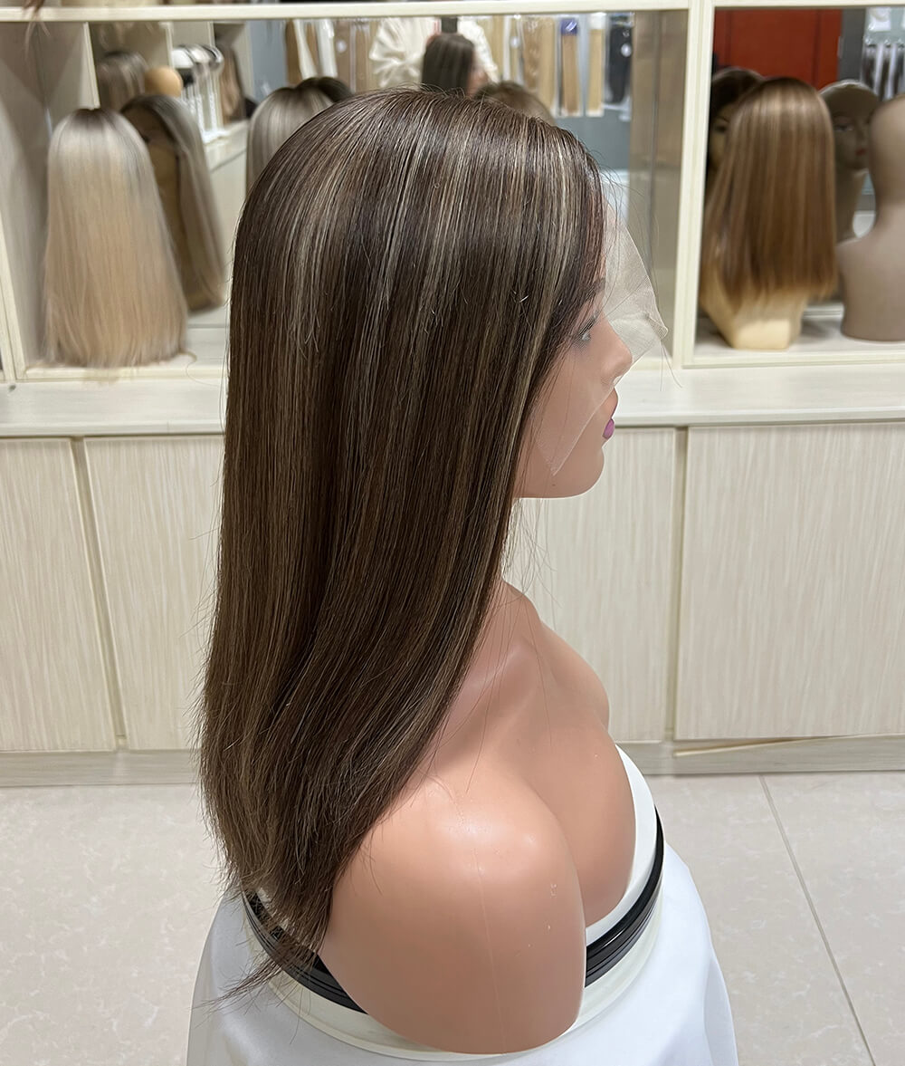 16 inch Chocolate Brown with Blonde Highlight Virgin Hair Wigs D003